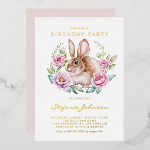 Watercolor Konijn en Roze Bloemen Verjaardagsfeest Folie Uitnodiging