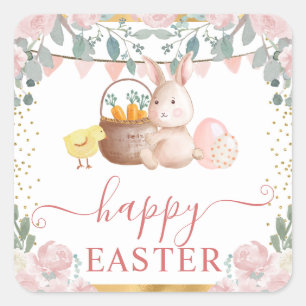 Watercolor Konijn en Roze Bloemen Vierkante Sticker
