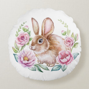 Watercolor Konijn met Roze Bloemenkrans Paasfeest Rond Kussen