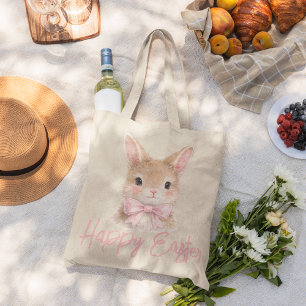 Watercolor Konijn met Roze Strik  Schattig Paas Ko Grote Tote Bag
