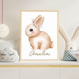 Watercolor Konijn Nursery Print Bloemrijk Bos