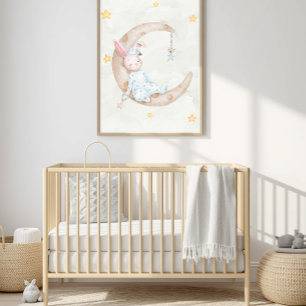 Watercolor Konijn Slapend op Maan Kinderkamer Kuns Poster