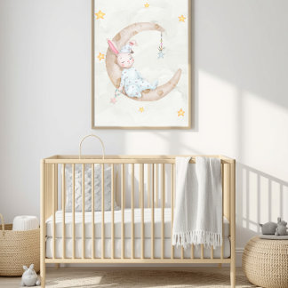 Watercolor Konijn Slapend op Maan Kinderkamer Kuns Poster