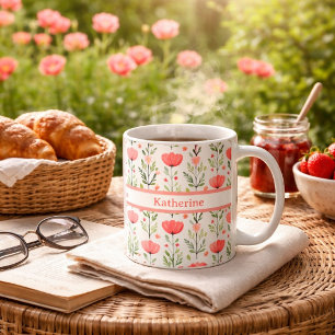 Watercolor Koraal Roze Klaproos Bloemmotief Koffiemok
