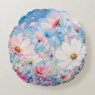 Watercolor Kosmosbloemen in Geometrische Stijl Rond Kussen