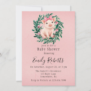 Watercolor Krans met Biggetje Baby Shower Kaart