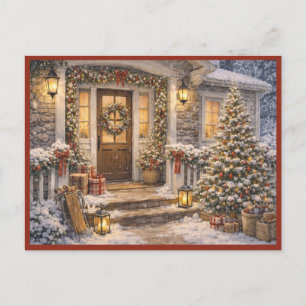 Watercolor Kunst December Feestdagen Veranda Scene Briefkaart