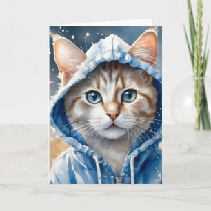 Watercolor Kunstwerk Tabby Kat Blauwe Hoodie Spatt Kaart