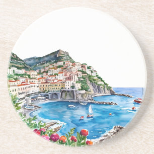 Watercolor La Dolce Vita Italiaanse Amalfikust Zandsteen Onderzetter