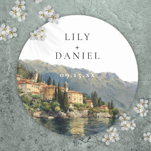 Watercolor Lago di Como Italië Bestemming Trouwen Ronde Sticker