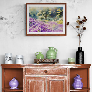 Watercolor Lavender Field Painting Foto Afdruk