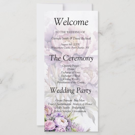 Watercolor Lavender Peony Wedding Programme (Devant)