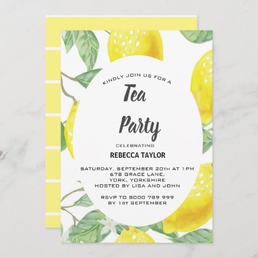 Watercolor Lemon Feuille Tea Party Invitation (Devant / Derrière)