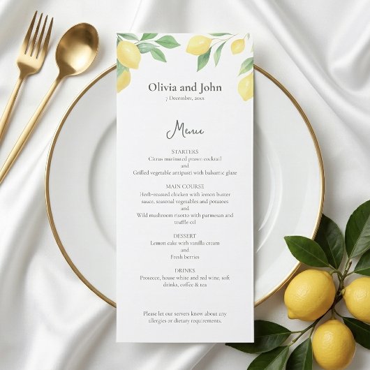 Watercolor Lemon Foliage Elegant Wedding Menu