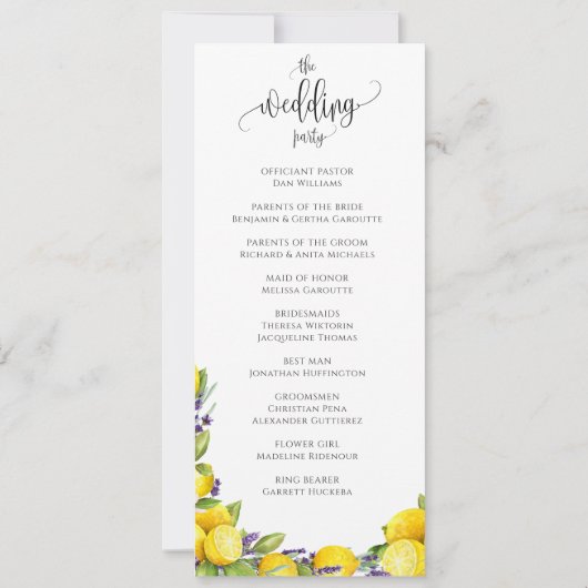 Watercolor Lemon Lavender Boho Wedding Programme (Dos)