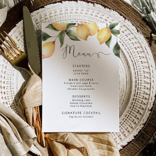 Watercolor lemons elegant wedding Menu Kaart