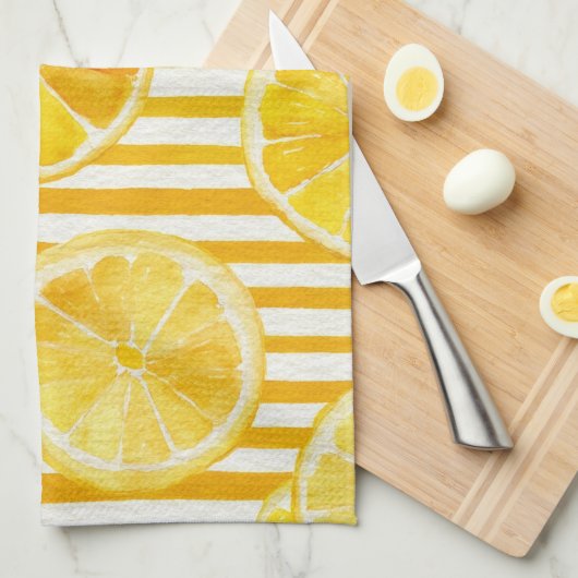 Watercolor Lemons & Stripes Theedoek (Quarter Fold)