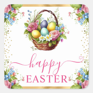 Watercolor Lente Bloemen Mand Gelukkig Pasen Vierkante Sticker