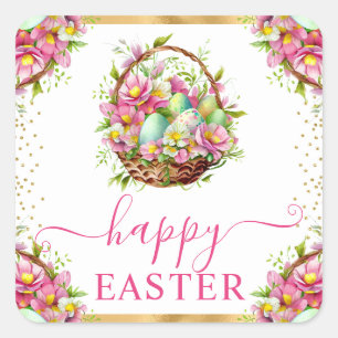 Watercolor Lente Bloemen Mand Gelukkig Pasen Vierkante Sticker