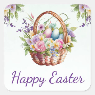 Watercolor Lente Bloemen Mand Gelukkig Pasen Vierkante Sticker