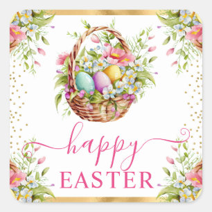 Watercolor Lente Bloemen Mand Gelukkig Pasen Vierkante Sticker