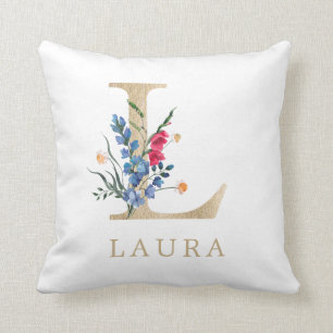 Watercolor lente wilde bloem nepgouden letter "L" Kussen