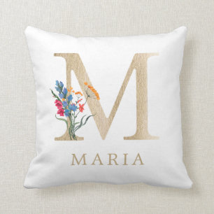 Watercolor lente wilde bloem nepgouden letter "M" Kussen