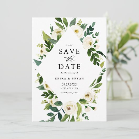 Watercolor Lentewitte Bloemen Frame Save The Date (Staand voorkant)