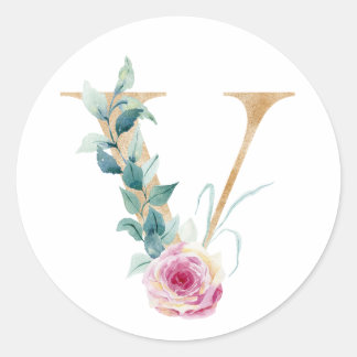 Watercolor letter V met rozen. Personaliseer door Ronde Sticker