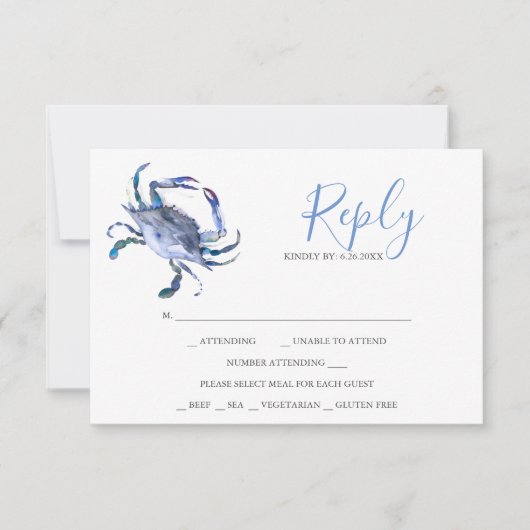 Watercolor Lichtblauwe Krab Antwoord RSVP Kaarten (Voorkant)