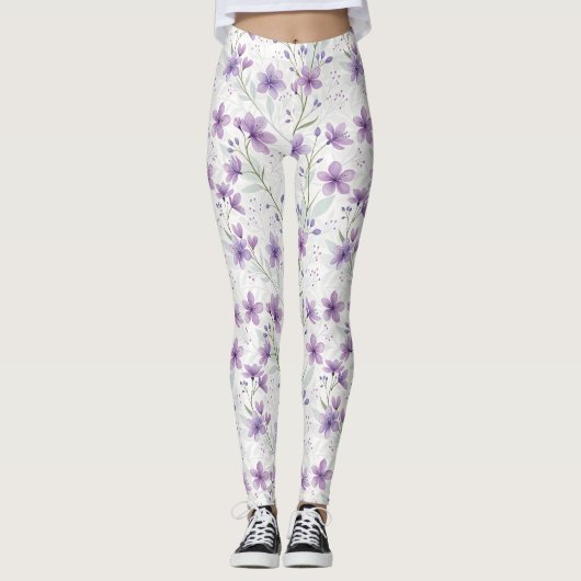 Watercolor Lilac Wildflower Pattern Leggings (Voorkant)
