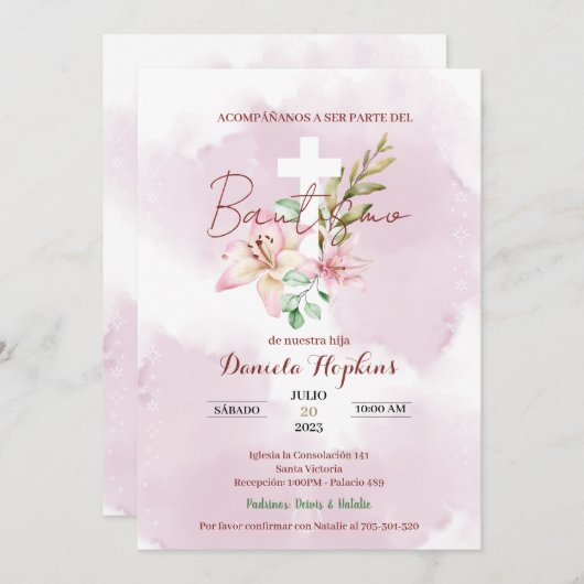 Watercolor lily baptism invitation (Devant / Derrière)