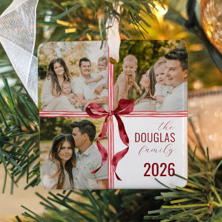 Watercolor linten rode strik met foto kerst decora keramisch ornament