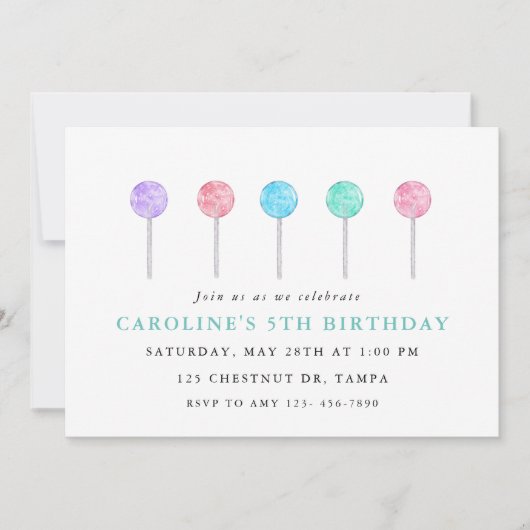 Watercolor Lollipop Invitation de fête d'anniversa (Devant)