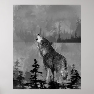 Watercolor Lonely Howling Wolf Animal Art Poster