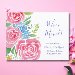 Watercolor Losse Rozen  & Hydrangea Verhuisbericht Aankondigingskaart