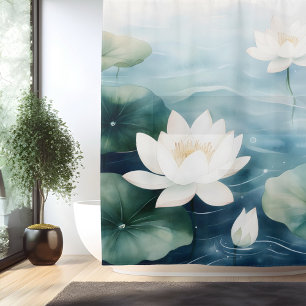 Watercolor Lotusbloem Droomlandschap Japanse Stijl Douchegordijn