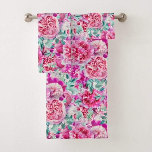 Watercolor Lush Pink Peonies & Green Teal Leaves (En situation)