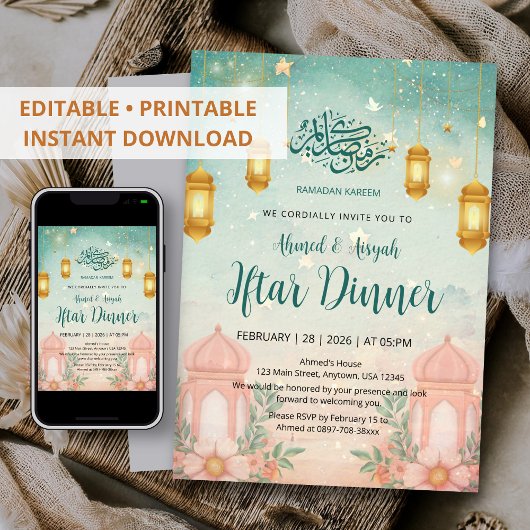 Watercolor Magical Teal and Peach Iftar Invitation