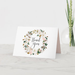 Watercolor Magnolia's en Katoenen Krans Bruiloft Bedankkaart