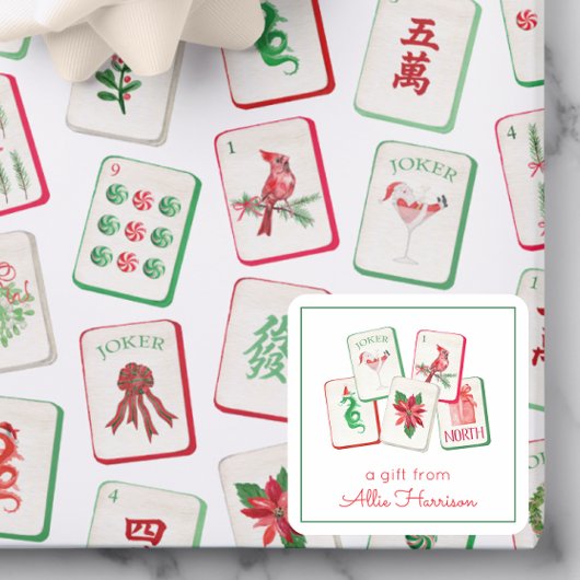 Watercolor Mahjong Christmas Tiles Enclosure Vierkante Sticker