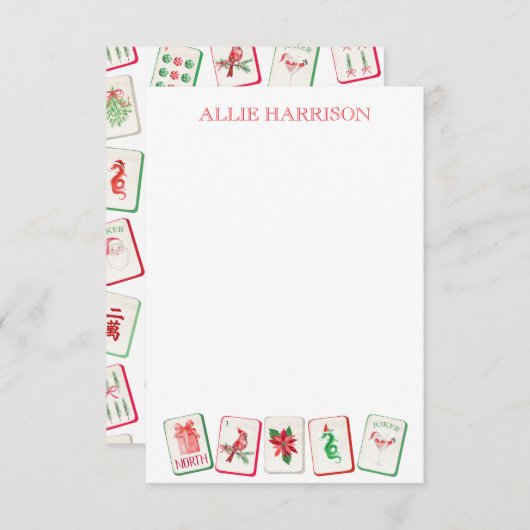 Watercolor Mahjong Rood & Groen Kersttegels Notitiekaartje (Voorkant / Achterkant)