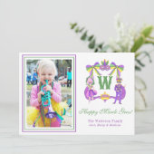 Watercolor Mardi Gras Monogram Crest Photo Feestdagenkaart (Staand voorkant)