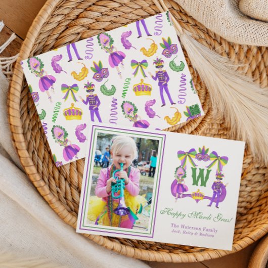 Watercolor Mardi Gras Monogram Crest Photo Feestdagenkaart