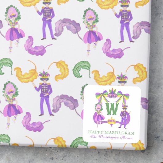 Watercolor Mardi Gras Monogram Crest Vierkante Sticker