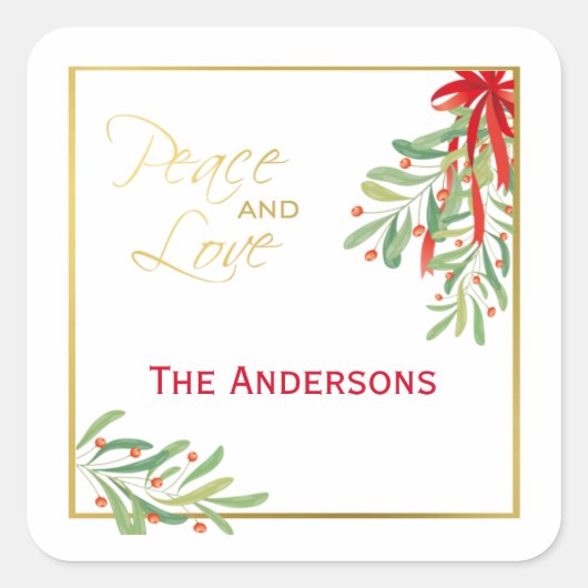 Watercolor Maretak & Goud | Kerstfeest Vierkante Sticker (Voorkant)