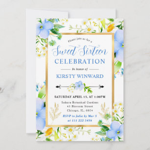 Watercolor Margrieten en Blauwe Bloemen Sweet 16 Kaart