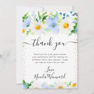 Watercolor Margrieten en Blauwe Bloemen Verjaardag Bedankkaart