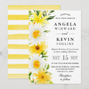 Watercolor Margrieten en Gele Bloemen Bruiloft Kaart