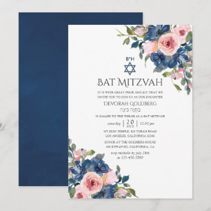Watercolor marineblauw en blos bloemenkleed Bar Mi Kaart